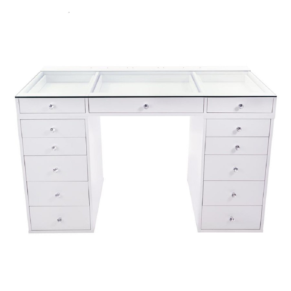 Latitude Run SlayStation Plus 2.0 Tabletop Vanity Desk with Clear Glass Top and 5 Drawer Units Bundle for Storage Reviews Wayfair Canada